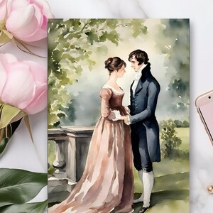 May include: A watercolour painting depicting a couple standing in a garden. The woman is wearing a long, flowing dress and the man is wearing a suit. They are gazing at each other with love and affection.