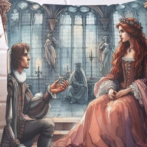 May include: A pillow featuring a watercolor illustration of a couple in a grand hall. The man is kneeling and offering a flower to the woman, who is seated on a throne. The scene is filled with details, including stained glass windows, candles, and a stone archway.
