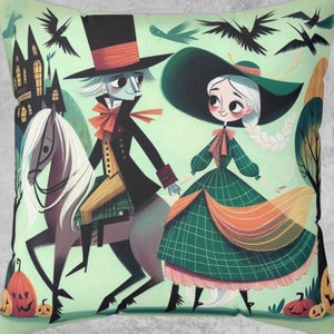 Sleepy Hollow, Headless Horseman, Ichabod Crane, Katrina Tassel, Cushion, Halloween Decor, Square Pillow, Gothic