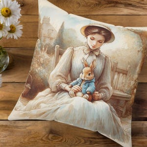 Cojín cuadrado inspirado en Beatrix Potter: decoración acogedora para el hogar, decoración infantil, cojín para habitación infantil, cita literaria, Peter Rabbit