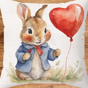 Peter Rabbit Love Valentine&#39;s Day Square Pillow, Beatrix Potter Nursery Decor Cushion, Library, Book Nook, Pillow