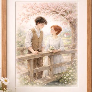 May include: A framed watercolor print depicts a romantic scene of a couple on a wooden bridge under a blooming tree. The artwork features soft colors, with the couple gazing at each other. The frame is made of light brown wood, adding a touch of warmth to the scene.