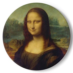 May include: Round artwork featuring the Mona Lisa, a Renaissance portrait. The painting depicts a woman with a subtle smile, set against a landscape background. The artwork is in shades of brown, green, and yellow.