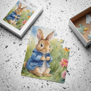 May include: A watercolour illustration of a brown rabbit wearing a blue jacket standing in a field of green grass and flowers. The rabbit is looking at the viewer. The illustration is part of a jigsaw puzzle.