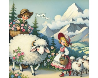 Mary Had A Little Lamb Canvas Art Print: Nursery Rhyme Kids Room Decor