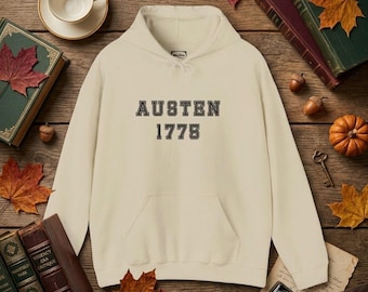 Sudadera con capucha Austen 1775: Sudadera de estilo universitario y literario