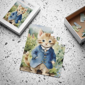 May include: A watercolour illustration of a cat wearing a blue jacket and a white bow tie. The cat is standing in a garden with green grass and purple flowers.