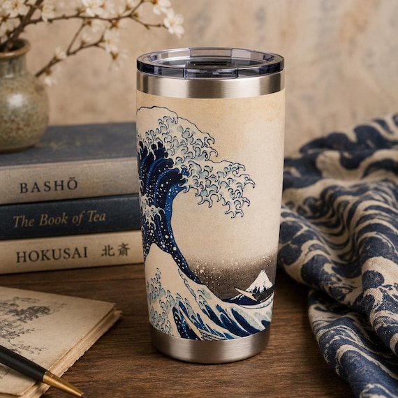 【新品・未使用】葛飾北斎「神奈川沖浪裏」茶器セット 携帯用 葛飾北斎 神奈川沖浪裏 タンブラー、日本美術 トラベルコーヒーマグ