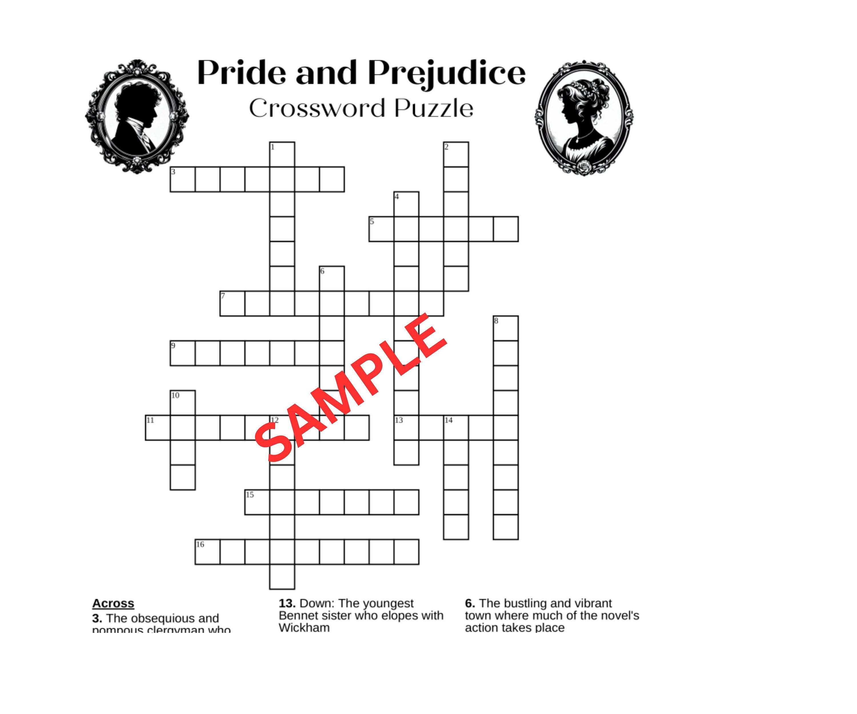 Pride and Prejudice Crossword Puzzle Game Printable Instant Pride and Prejudice Crossword Puzzle Game Printable Instant