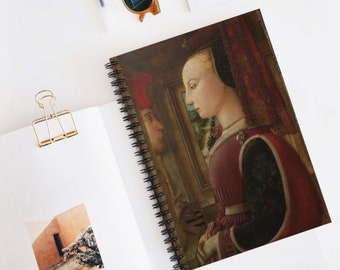 May include: A painting of a man and a woman in profile. The woman is wearing a red dress and a red and gold head covering. The man is wearing a red hat. The painting is set against a dark background.