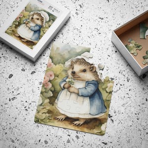 May include: A watercolour illustration of a hedgehog wearing a white bonnet and a blue dress, holding a bouquet of white flowers. The hedgehog is standing in a garden with green leaves and pink flowers.