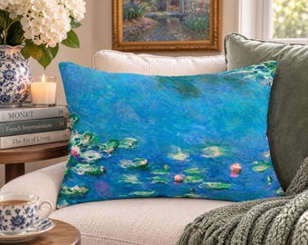 Monet Water Lilies Pillow, Claude Monet Lumbar Pillow, Impressionist Art Decor, Museum Art Gift, Blue Floral Throw Pillow