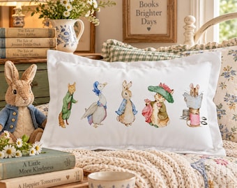 Beatrix-Potter-Kissen, Peter-Rabbit-Kissen, Jemima-Puddle-Duck-Deko, Klassisches Bilderbuch-Kinderzimmer, Literarisches Geschenk, Cottagecore-Kissen