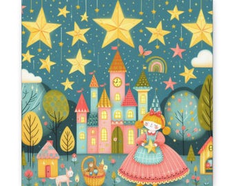 May include: A whimsical canvas print featuring a fairytale scene. A pink and blue castle with a clock tower is surrounded by trees, stars, and a rainbow. A girl in a pink dress holds a star, with a basket and a small house in the foreground.