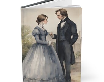 May include: A watercolor painting of a couple in 19th-century attire. The woman is wearing a long, flowing blue dress and the man is wearing a dark suit. They are standing in a garden setting with a building in the background.