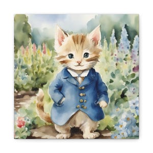May include: A watercolor painting of a cat wearing a blue suit and a white bow tie. The cat is standing in a garden with green foliage and blue flowers.