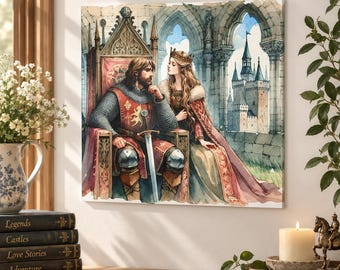 Kung Arthur och Guinevere Canvastavla, Medeltida renässansdekor, Arthurisk legendkonst, Camelot-väggdekor, Litterär gåva