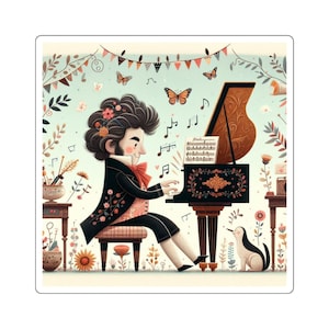 Whimsical Beethoven Piano Stickers, Square Stickers, Music Lovers Decor, Gift for Musicians, Cute Art for Notes, Aesthetic Laptop Decals
