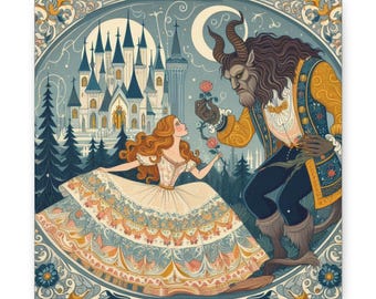 May include: A fairytale illustration of a woman in a white and gold dress with a blue and gold castle in the background. A beast with brown fur and a yellow jacket is holding a red rose.