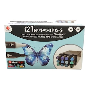 12 Twinmarker con punta fine e punta a pennello Decotime. Sistema di stoccaggio impilabile. Marcatori a base alcolica. Dai un po' di colore alla tua arte.