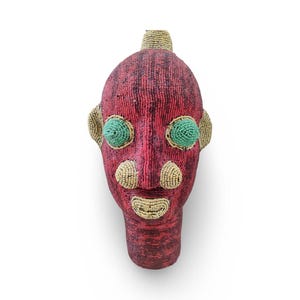 Bamiléké Cameroon Beaded Head African Terracotta and Beaded Sculpture African Tribal Art Ethnic Decoration, Very Beautiful Decorative Object
