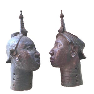Antique Ife bronze heads couple statues H 48 cm king and queen Oni Yoruba Nigeria African art Vintage African bronze sculpture
