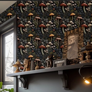 Mushroom Wallpaper Dark Green Woodland Funky Cottage Core - William Morris, Moody Vintage Nature Fern Design: The Jodi