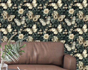 Butterfly Wallpaper Dark Cottage Core Butterfly Garden Funky, with Botanical Nature, Moody Vintage Design: The Kodi