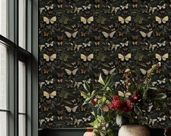 Butterfly Wallpaper Dark Cottage Core Butterfly Garden Funky, with Botanical Nature, Moody Vintage Design: The Lois