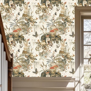Barn Owl Woodland Wallpaper, Vintage Forest Boho Woods, Funky Neutral Country Animal Forest Bird of Prey - The  Hoot