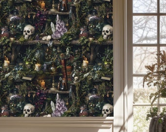 May include: A hallway with a dark green and purple wallpaper featuring a repeating pattern of skulls, crystals, and potion bottles. The wallpaper is a gothic style and would be perfect for a spooky or Halloween themed room.