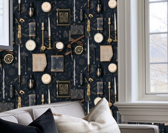 May include: A dark blue wallpaper with a repeating pattern of gold and black illustrations of candles, books, and other objects. The wallpaper is in a room with a window and a couch.