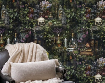 May include: A dark green and black wallpaper with a repeating pattern of skulls, potion bottles, and plants. The wallpaper has a vintage, gothic, and magical feel.