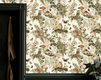 Barn Owl Woodland Wallpaper, Vintage Forest Boho Woods, Funky Neutral Country Animal Forest Bird of Prey - The  Wit