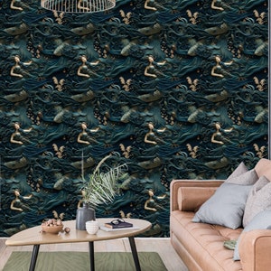 Mermaid Wallpaper - Ocean Wallpaper and Mythological Sea Creature design Inspired by Dark William Morris Funky: The Nicole - Quick Ship!