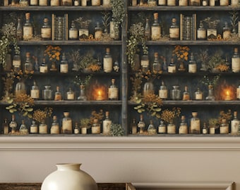 May include: A dark blue wallpaper with a repeating pattern of shelves filled with glass bottles and dried plants. The shelves are made of wood and have a rustic look. The wallpaper is perfect for creating a whimsical and magical atmosphere in any room.
