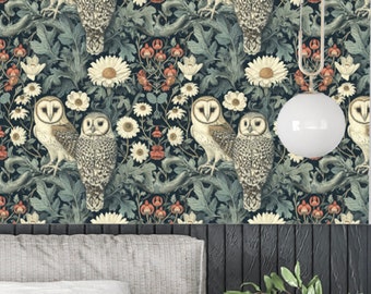Barn Owl Woodland Wallpaper, Vintage Forest Boho Woods, Funky Neutral Country Animal Forest Bird of Prey - The  Owlet