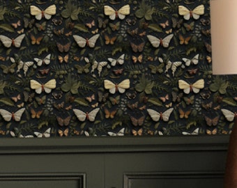 Butterfly Wallpaper Dark Cottage Core Butterfly Garden Funky, with Botanical Nature, Moody Vintage Design: The Lois