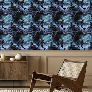 Mermaid Wallpaper - Ocean Wallpaper and Mythological Sea Creature design Inspired by Dark William Morris Funky: The Kendal - Quick Ship!