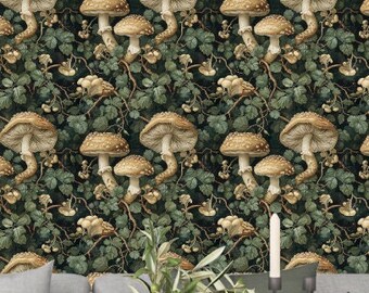 Mushroom Wallpaper Dark Green Woodland Funky Cottage Core Wallpaper - William Morris, Vintage Nature Forest: The Mimi