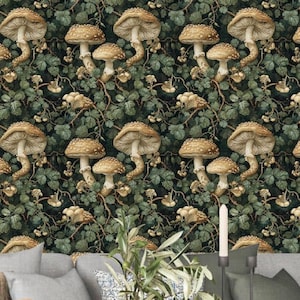 Mushroom Wallpaper Dark Green Woodland Funky Cottage Core Wallpaper - William Morris, Vintage Nature Forest: The Mimi