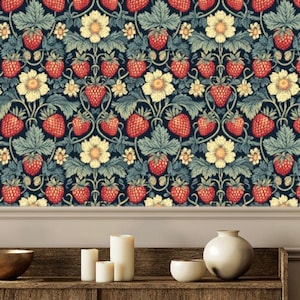 Strawberry Wallpaper - Colorful Botanical Berry Fruit & Kitchen Wallpaper - Vintage William Morris, Nature Wallpaper: The Evie - Quick Ship!