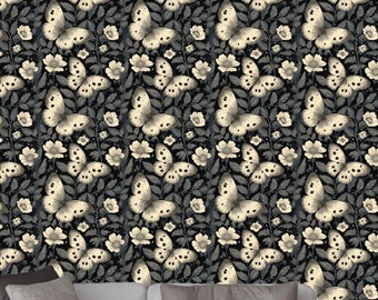 Butterfly Wallpaper Dark Cottage Core Butterfly Garden Funky, with Botanical Nature, Moody Vintage Design: The Dana