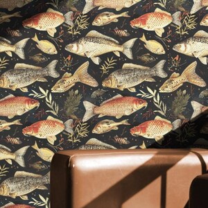 May include: A dark blue wallpaper with a repeating pattern of fish. The fish are in shades of brown, orange, and white. The wallpaper is accented with small, white dots and a few sprigs of green leaves.