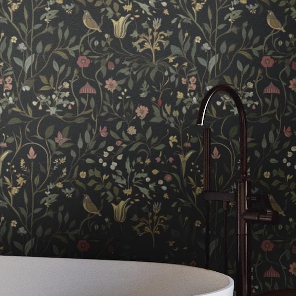 Wildflower Wallpaper Dark Green Floral Cottagcore, Moody Whimsical Woodland Whimsigoth Decor, Witchy Victorian Gothic Farmhouse - Vela