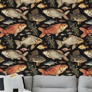 May include: A black and white wallpaper pattern featuring a repeating design of stylized fish with orange, brown, and white accents. The fish are arranged in a staggered pattern, creating a dynamic and visually appealing design.