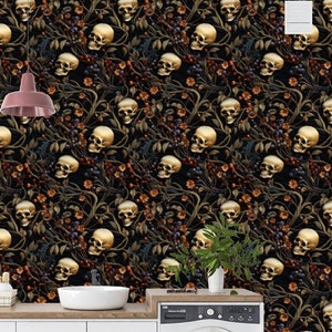Skull Wallpaper - Dark Funky Wallpaper - William Morris Skull and Nature Design, Dark Academia Wallpaper: The Mallie - Quick Ship!