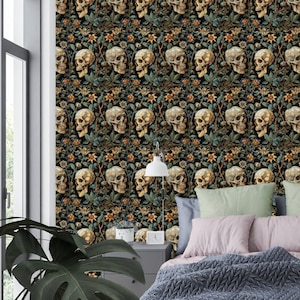 Skull Wallpaper - Dark Funky Wallpaper - William Morris Skull and Nature Design, Dark Academia Wallpaper: The Denise - Quick Ship!