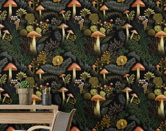 Mushroom Wallpaper - Dark Green Woodland Funky Cottage Core Wallpaper - William Morris, Vintage Nature Wallpaper: The Josh - Quick Ship!