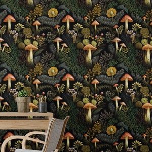 Mushroom Wallpaper - Dark Green Woodland Funky Cottage Core Wallpaper - William Morris, Vintage Nature Wallpaper: The Josh - Quick Ship!